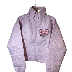 BRAND NEW! Nasty Gal Purple Quilted Puffer Jacket with Heart Patch BOYS ARE DUMB